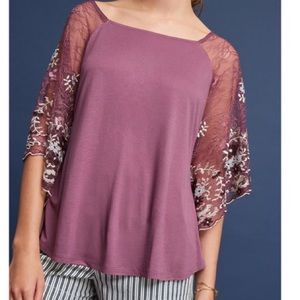 Anthropologie Purple Lace Sleeve Top